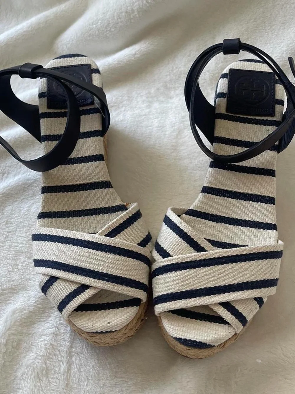 Tory Burch Striped Espadrille Wedge Sandals Navy Cream Size 7